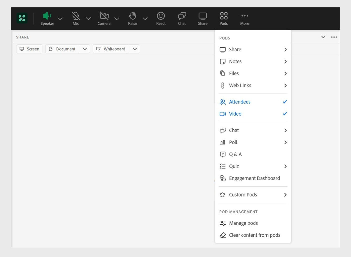 Pods menu on the top bar menu