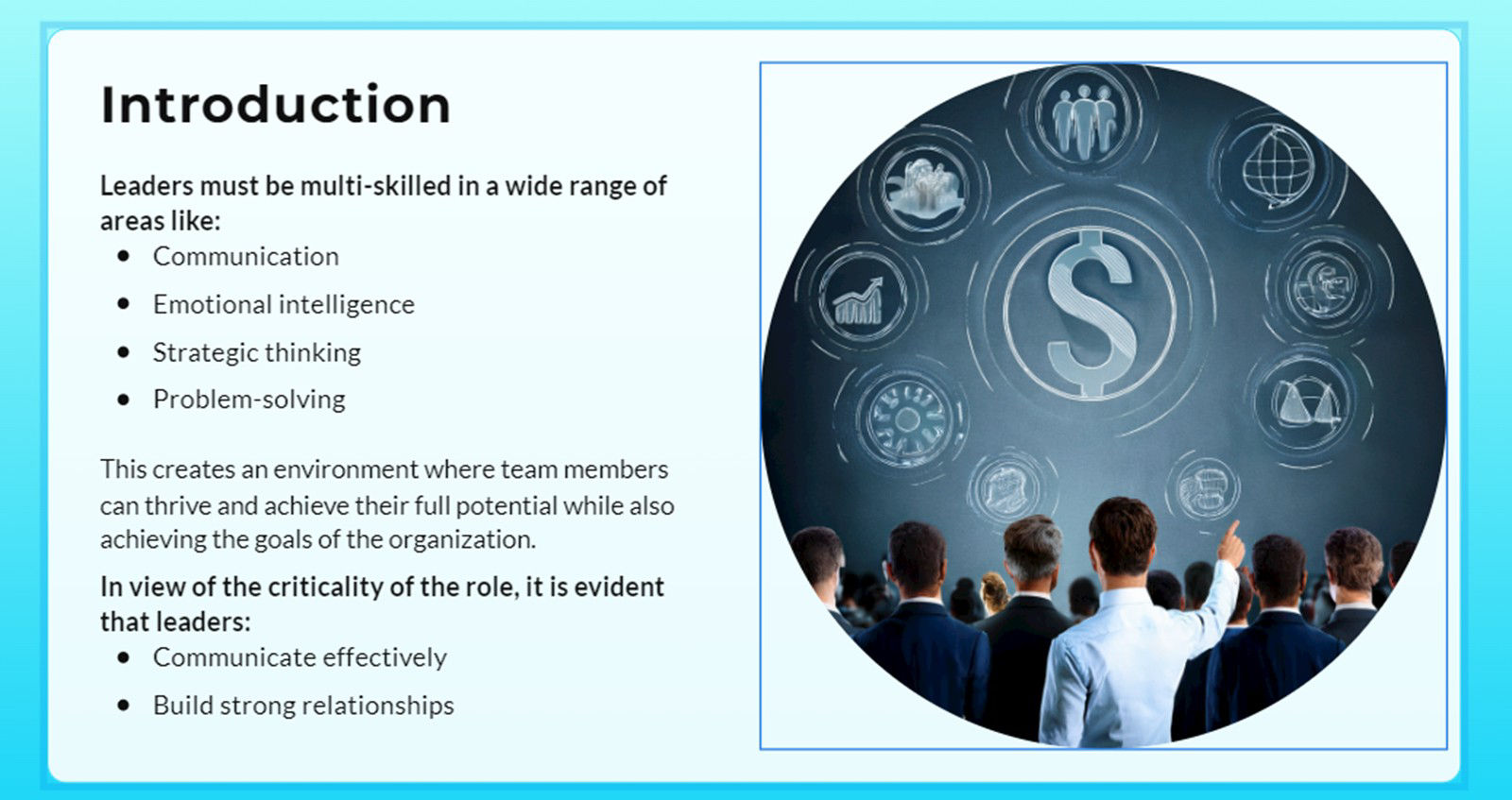 Interface showing the generated image with the prompt: "Leadership skills"