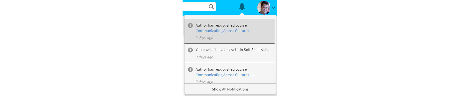 Sample notification for learners in Learning Manager