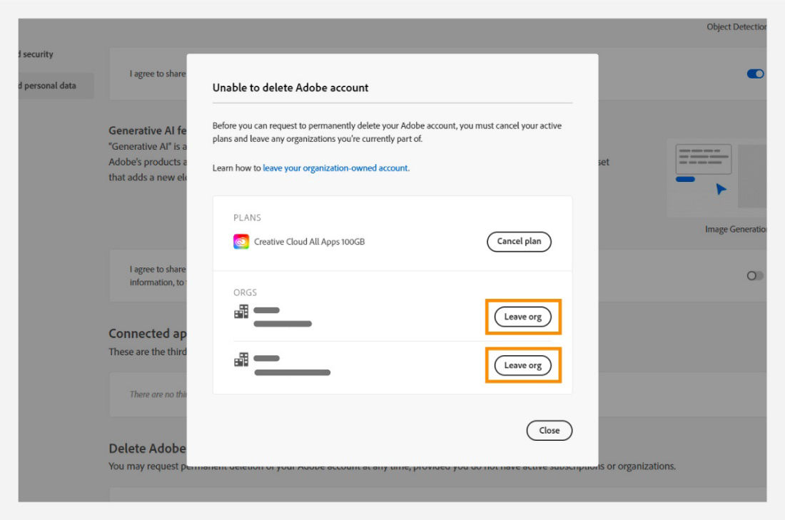 Leave your organization before deleting your account