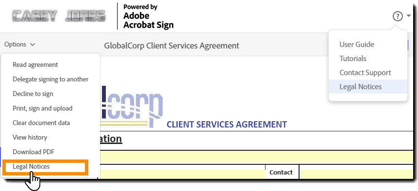 The e-sign page exposing the Options menu and the question mark menu with the Legal Notices option highlighted.