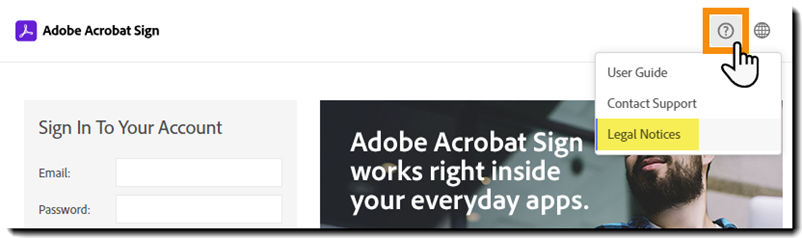 The Acrobat Sign login page with the question mark menu expanded and the Legal Notices option highlighted.