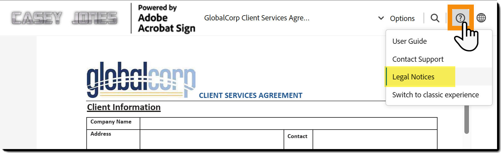 The e-sign page exposing the Options menu and the question mark menu with the Legal Notices option highlighted.