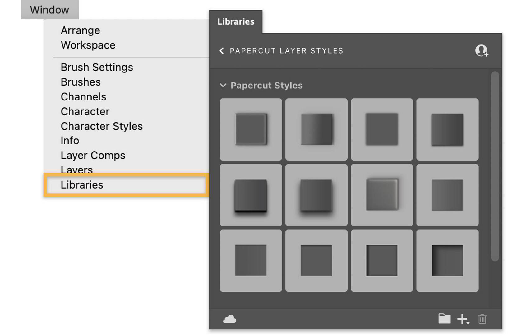 Libraries option is selected in the Window dropdown menu and the Papercut Styles options are displayed in the Libraries panel.