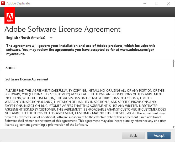 License agreement screen