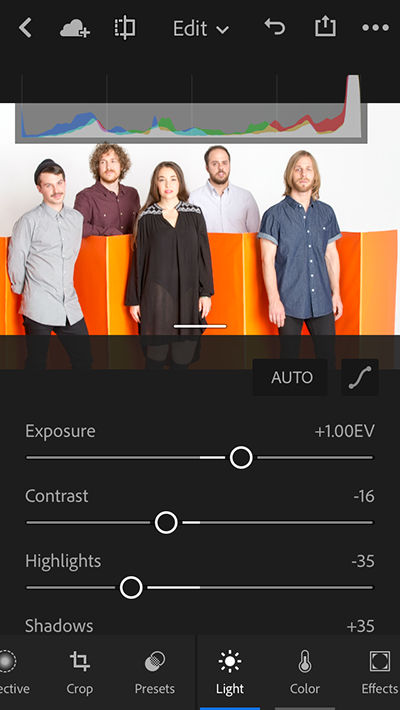 Edit panel; Adjusting the tonal scale with tone controls in the Light menu