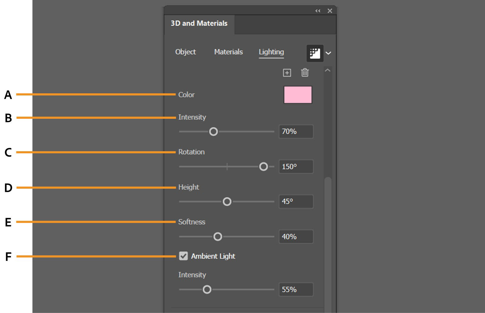 Lighting controls in the 3D and Materials panel, displays options to change light Color, Intensity, Rotation, Height, Softness, and Ambient Light Intensity.