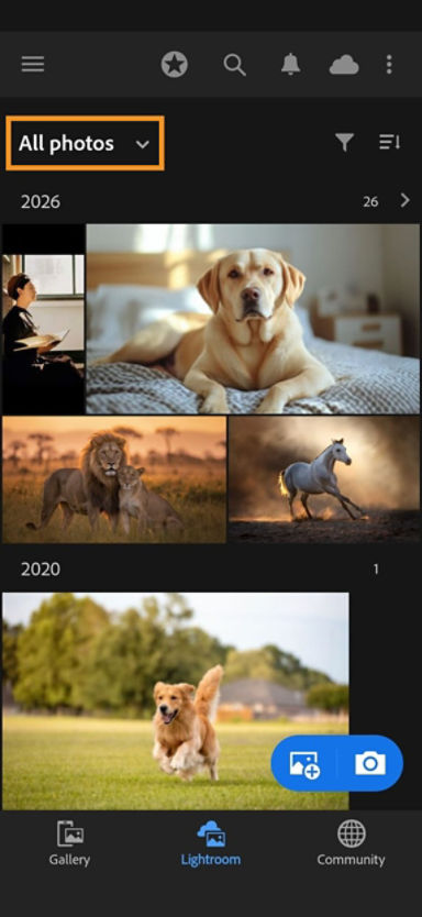 Lightroom tab showing the All photos drop-down menu highlighted.