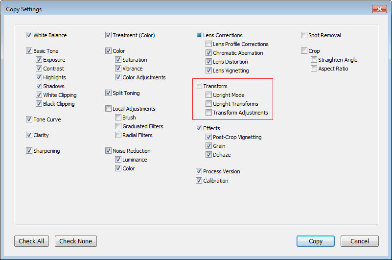 Lightroom Classic CC Copy Settings and Synchronize Settings dialogs
