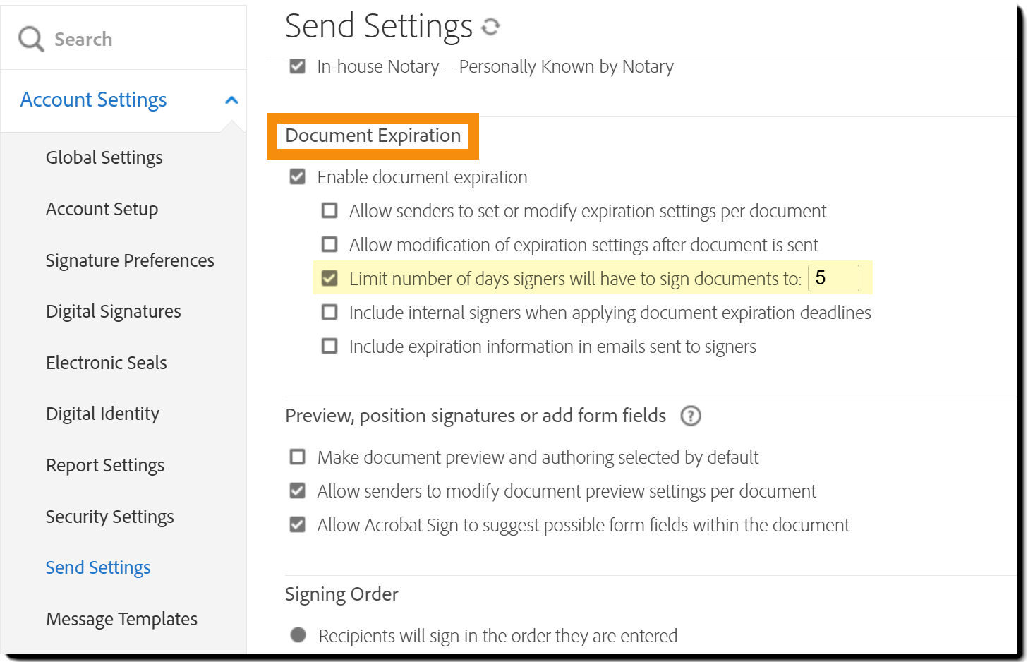 The Document Expiration controls on the Send Settings page with the "Enable document expiration" option highlighted.