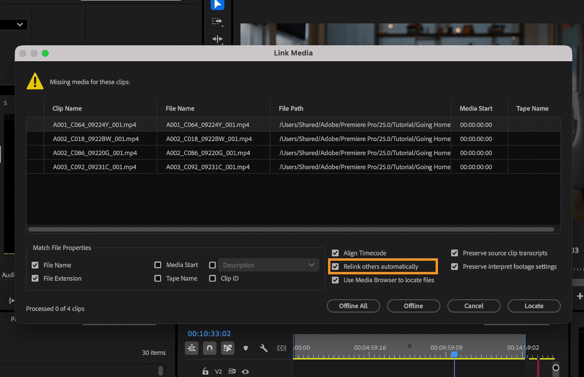 Link Media dialog showing the Relink others automatically option enabled to automatically reconnect offline clips.