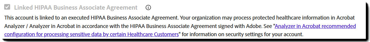 Analyzer General Settings showing the read-only Linked HIPAA Business Associate Agreement setting selected.