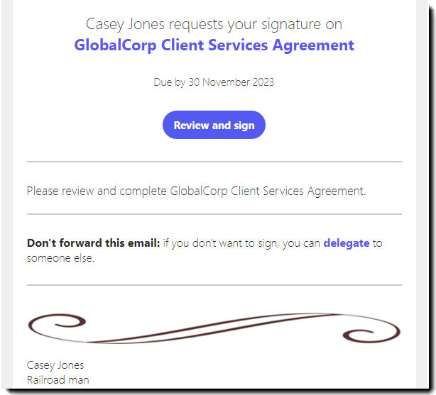 An email body highlighting the active links that deliver the recipient to the agreement.