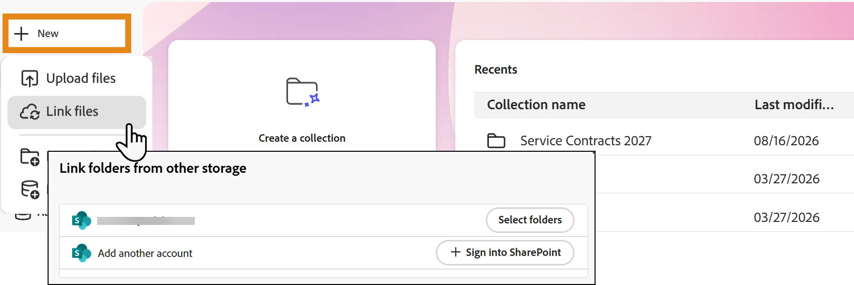 The Documents page with the Linked Collections option highlighted