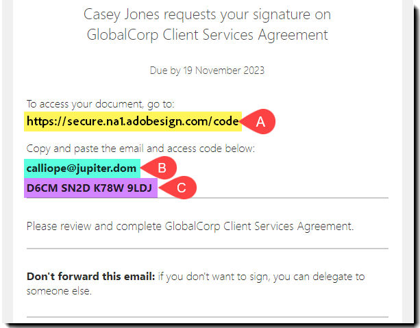 An email body highlighting the access code for the agreement.