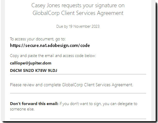 An email body highlighting the access code for the agreement.