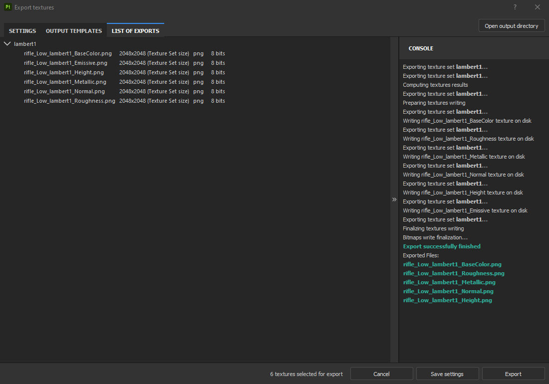 A screenshot of the List of Exports tab of the Export Textures dialog.