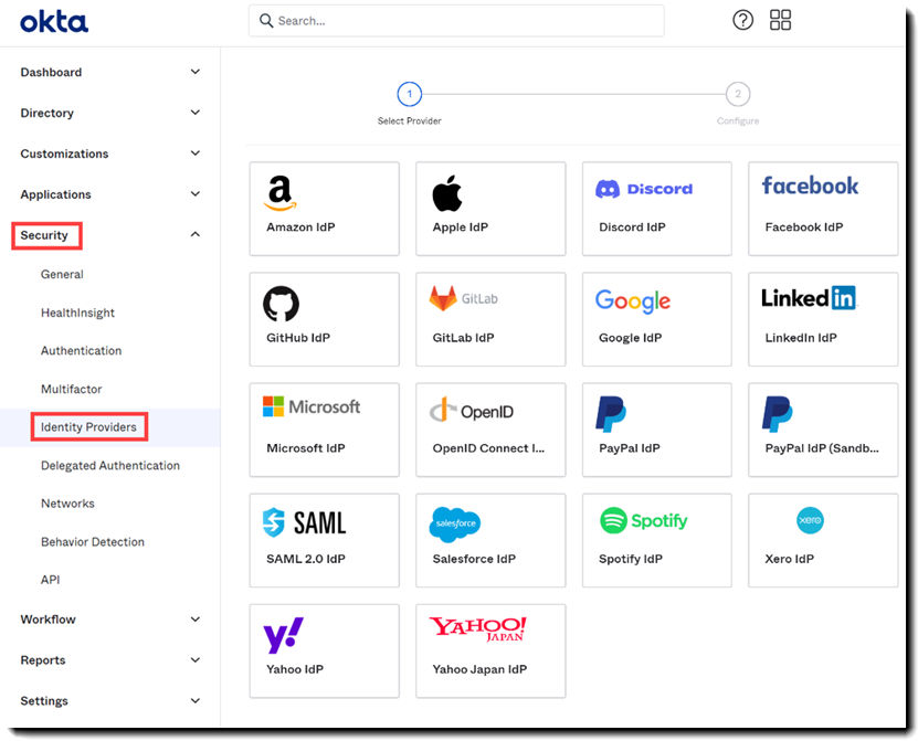 Okta list of IdPs