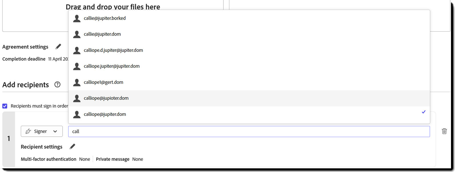 The Request Signature environment showing the list of possible email addresses from a partially entered value.