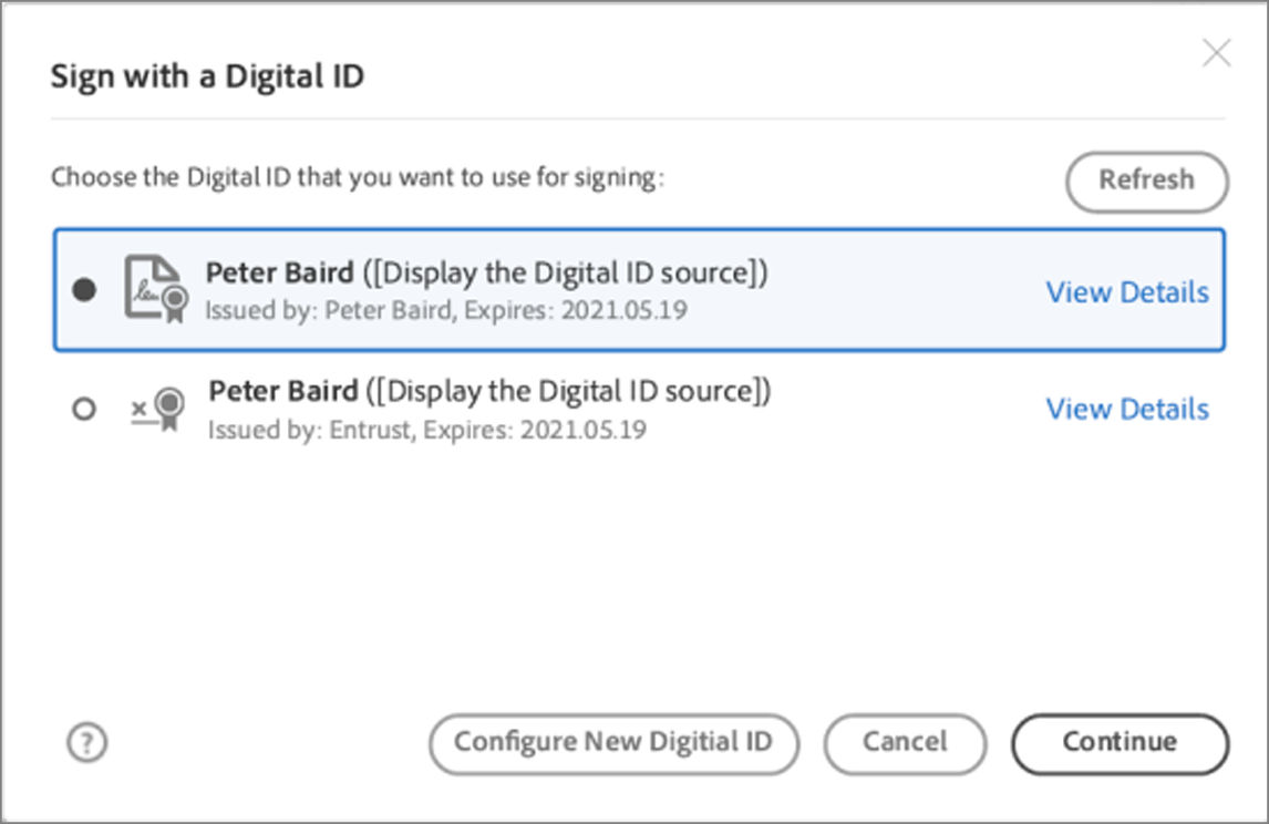 Choose a Digital ID from the list