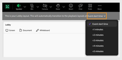 Adobe Connect interface showing the Event start time dropdown menu with delay options ranging from on-time to +5 minutes.