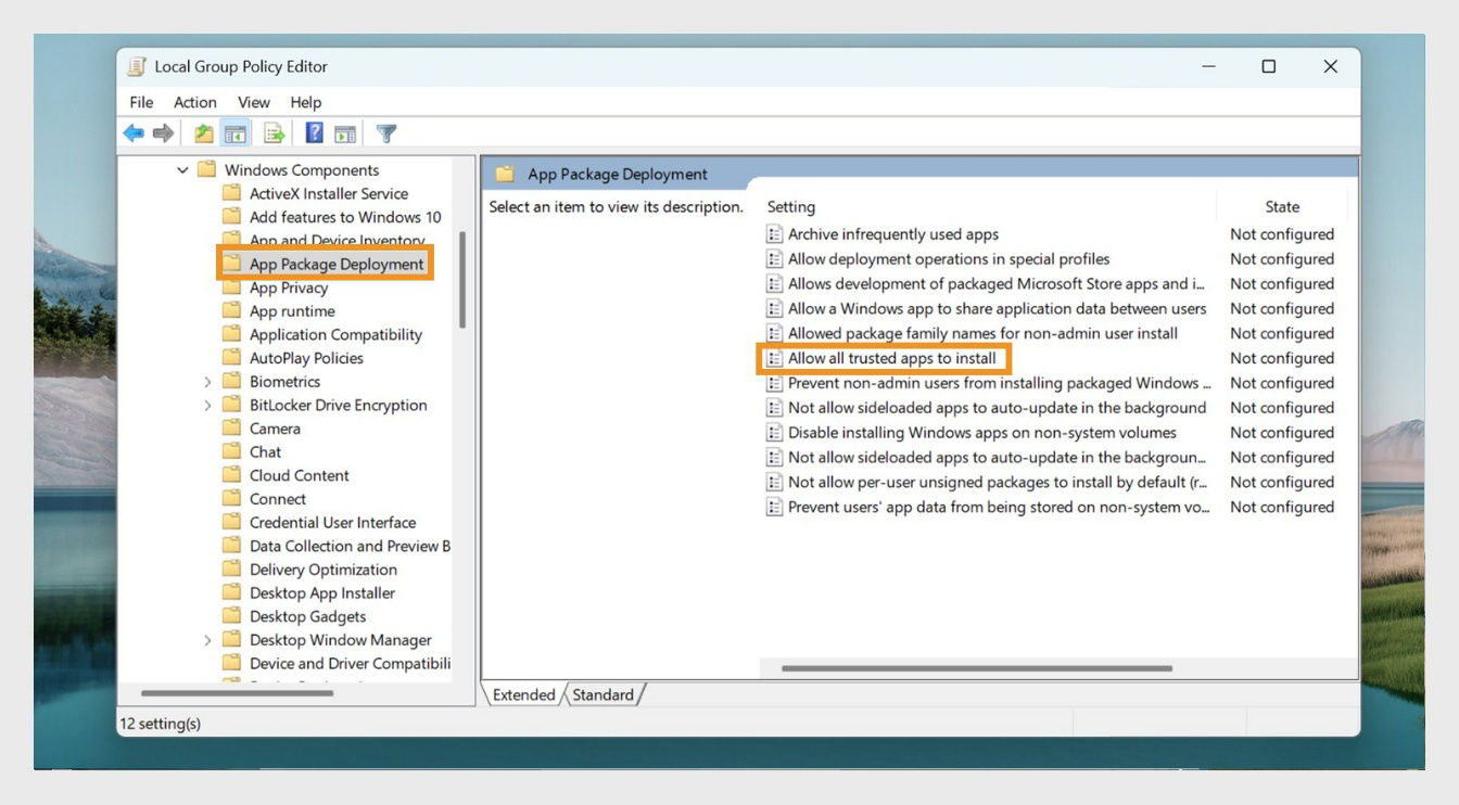 Local Group Policy Editor window displays the App Package Deployment option in the left rail and Allow all trusted apps to install option on the right