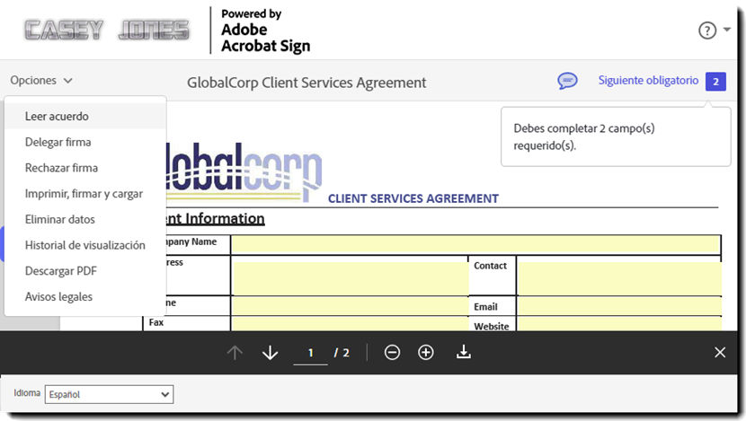 The e-sign page with the updated localization (in Spanish).