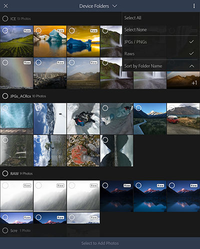 Importing photos from Camera roll or Gallery in Device Folders view.