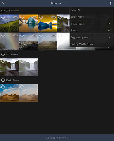 Importing photos from Camera roll or Gallery in Time view.