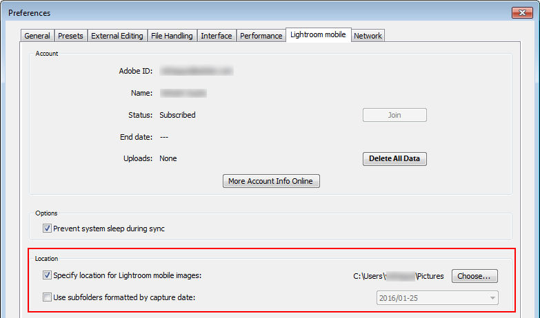 Lightroom mobile sync location