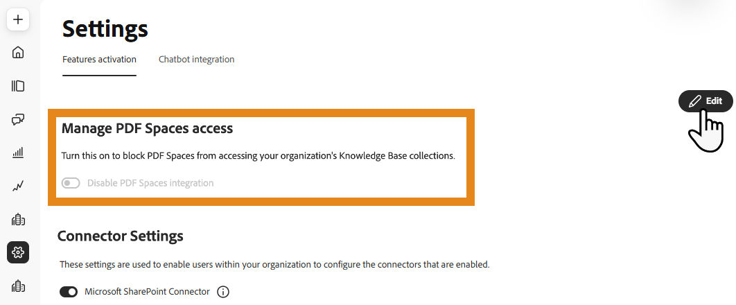 Knowledge Base Settings page showing Manage PDF Spaces access with the Disable PDF Spaces integration toggle highlighted.