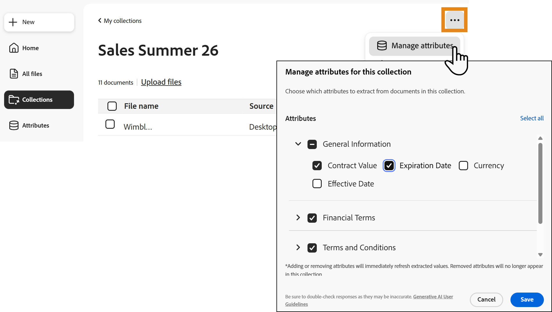 Collection menu showing Manage attributes and the panel for adding or removing collection attributes.