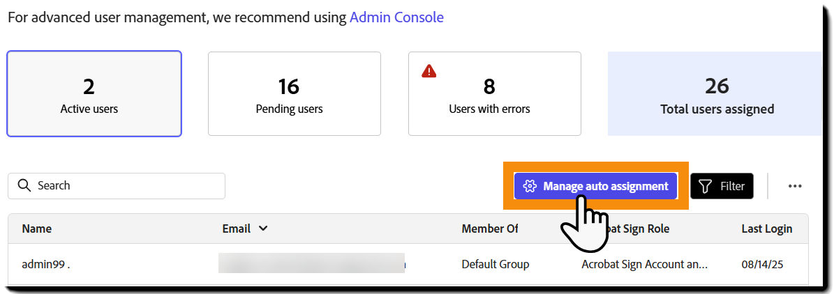 The Active users view highlighting the Manage auto assignment button.
