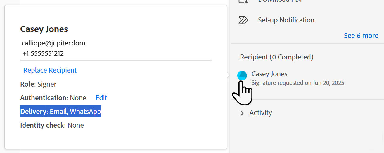 The recipient record highlighting the SMS delivery method and the phone number being delivered to