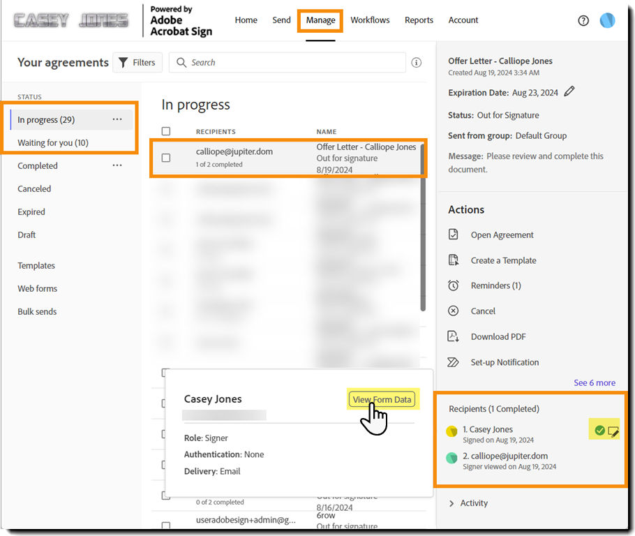 The Manage page with teh recipient details expanded and the View Progress button highlighted.