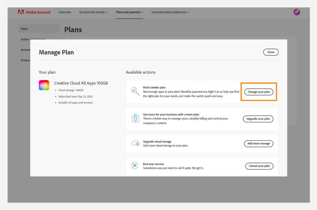 Manage Plan pop-up window with options to Change your plan, Upgrade your plan, Add more storage, and Cancel your plan