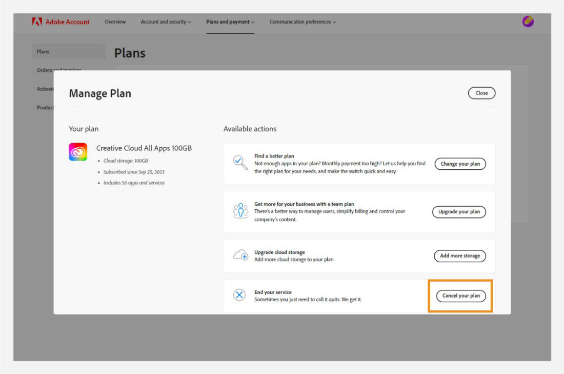 Manage Plan window with options to Change your plan, Upgrade your plan, Add more storage, and Cancel your plan