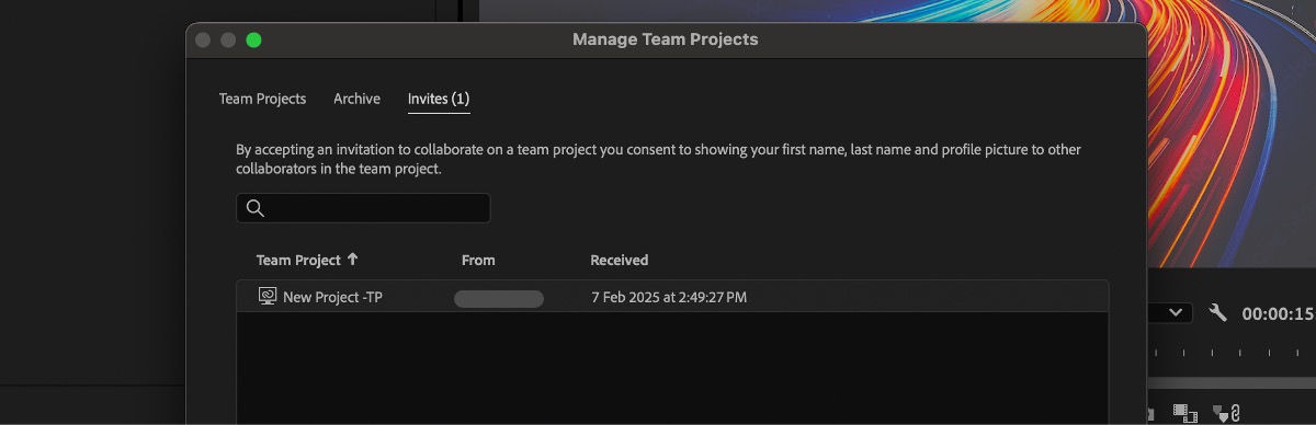 Manage Team Projects dialog box is open and under Invites tab, there in an invite for collaboration with Team Projects.
