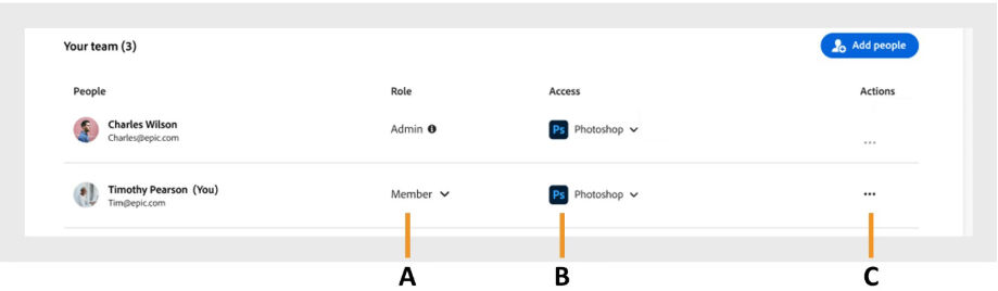 Manage Team page showing member roles, app access, and action options.