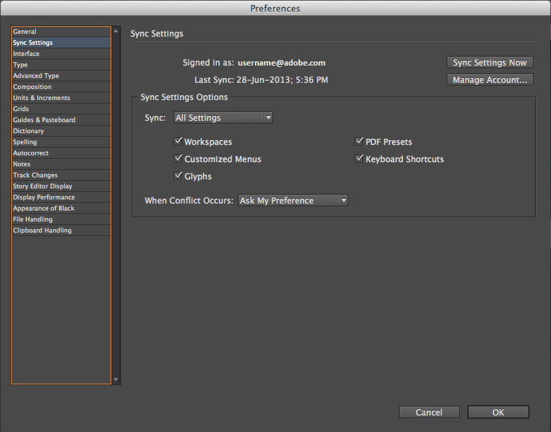 Sync Settings options in the Preferences panel