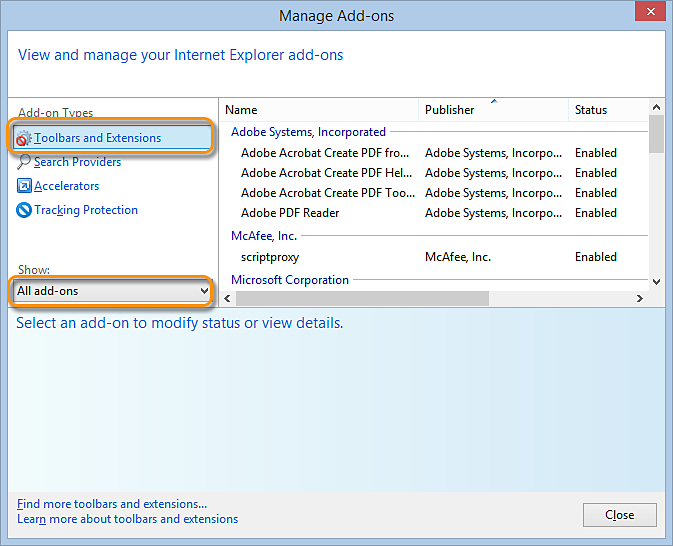 Manage Add-ons in Internet Explorer
