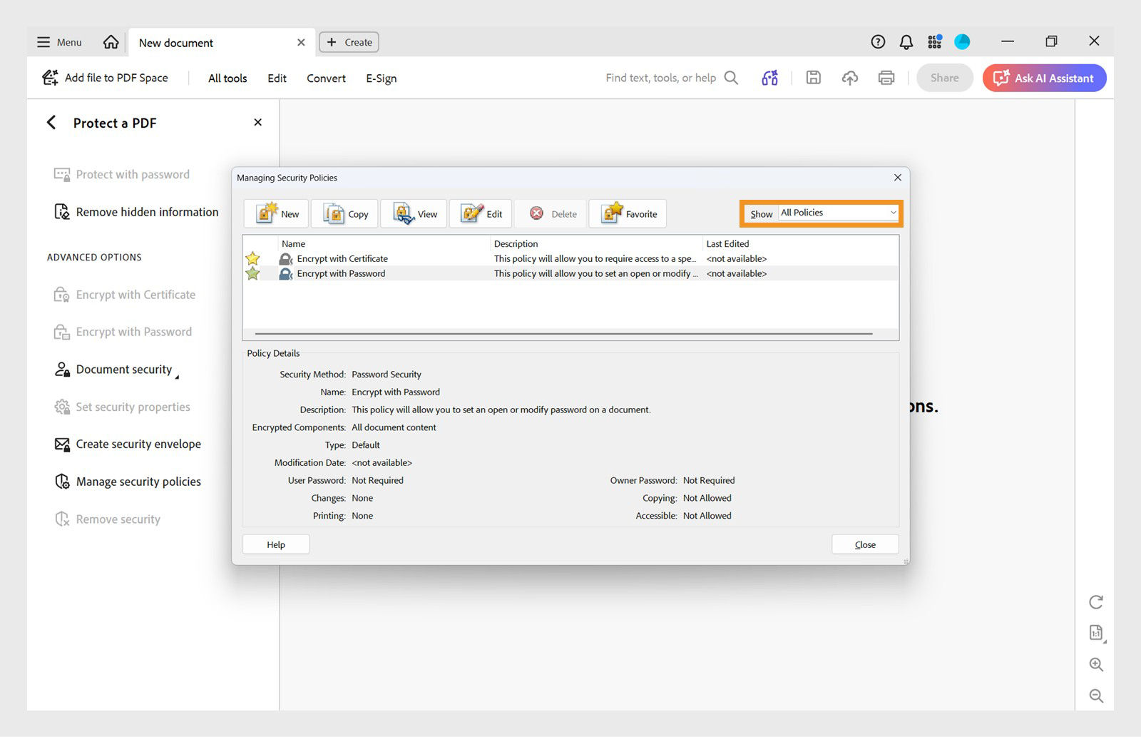 Managing Security Policies dialog box showing the list of security policies and available management controls.