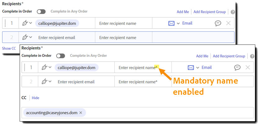 Require recipient name enabled on the Send page