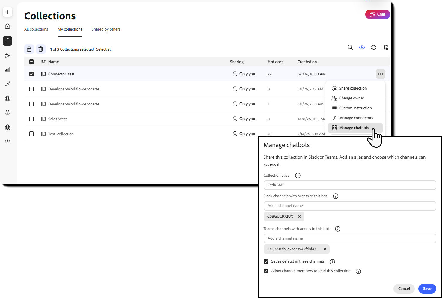 Manage chatbots window with fields for a collection alias, Slack and Teams channel IDs, and channel access settings.