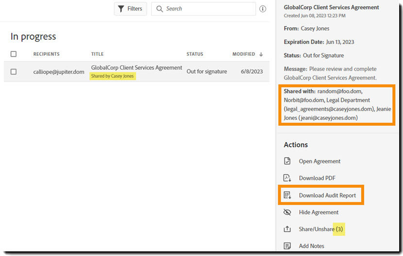 The Manage page showing a shared agreement with the metadata and activities exposed