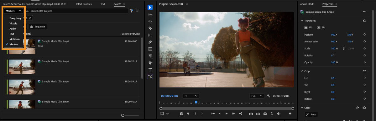 Search panel showing Markers filter with marker results listed and thumbnails in Premiere.