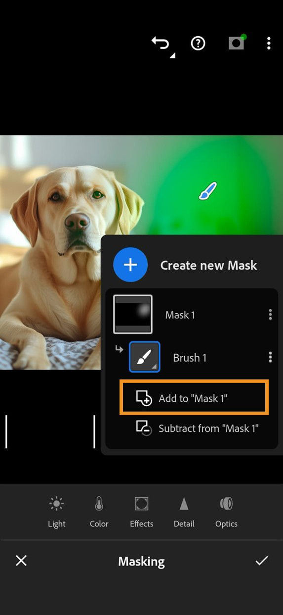 Masking panel in Lightroom on mobile showing the option Add to "Mask 1" highlighted, with the Add option selected from the Create new Mask panel.