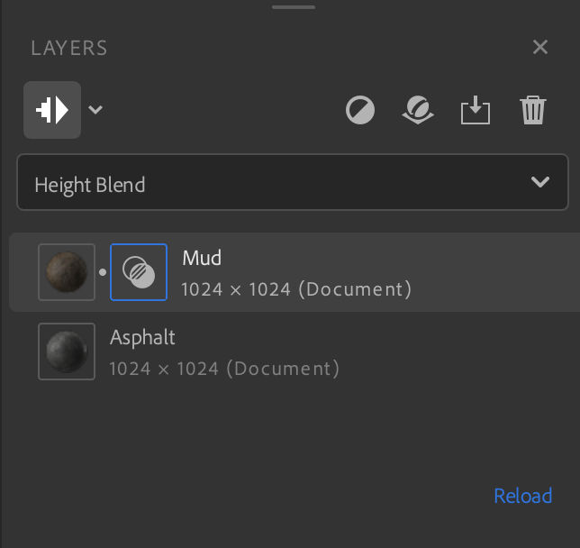 Material layers in layer stack, the top layer has a blend option.