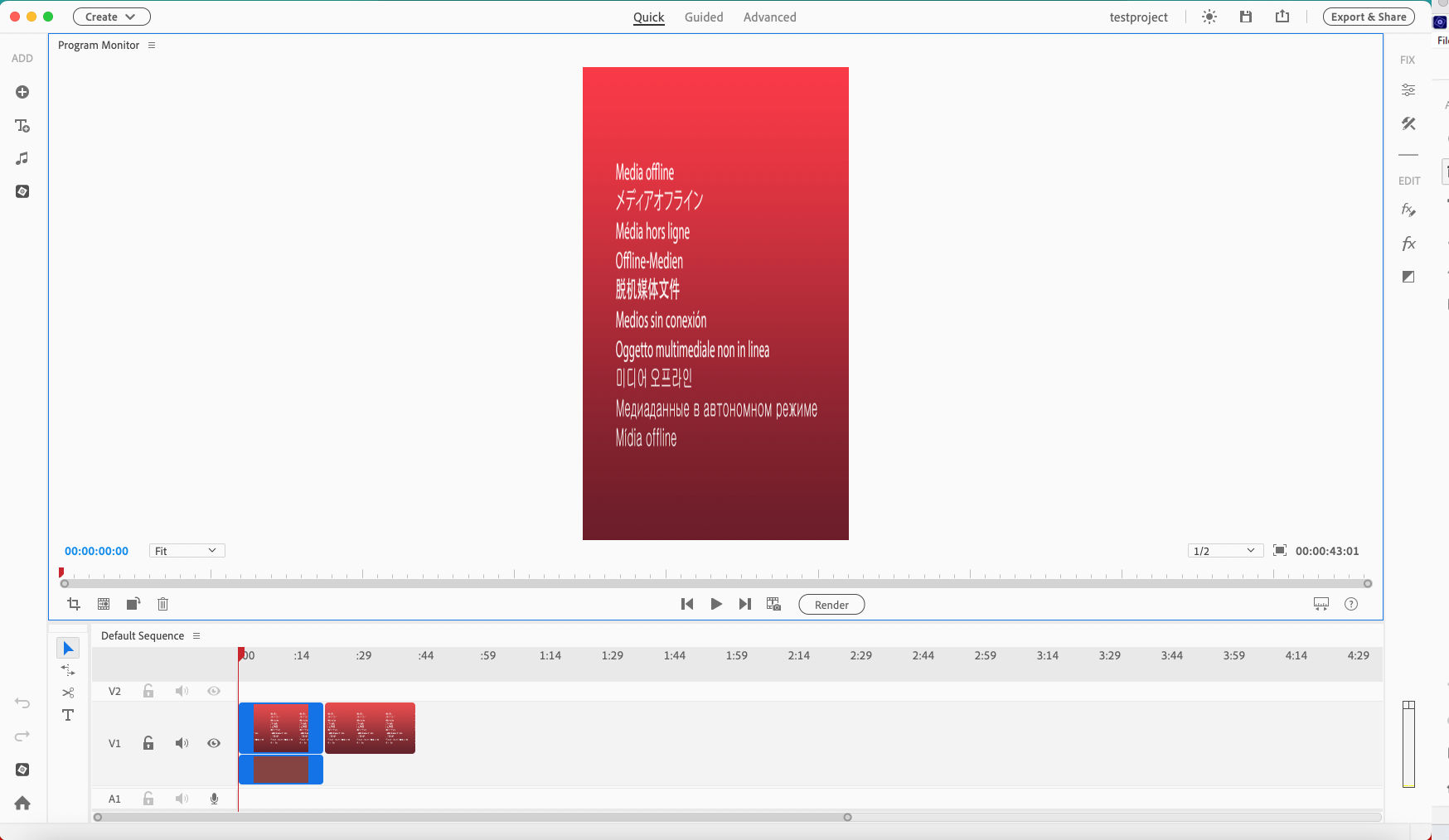 Offline media displayed in the Timeline and Program Monitor 
