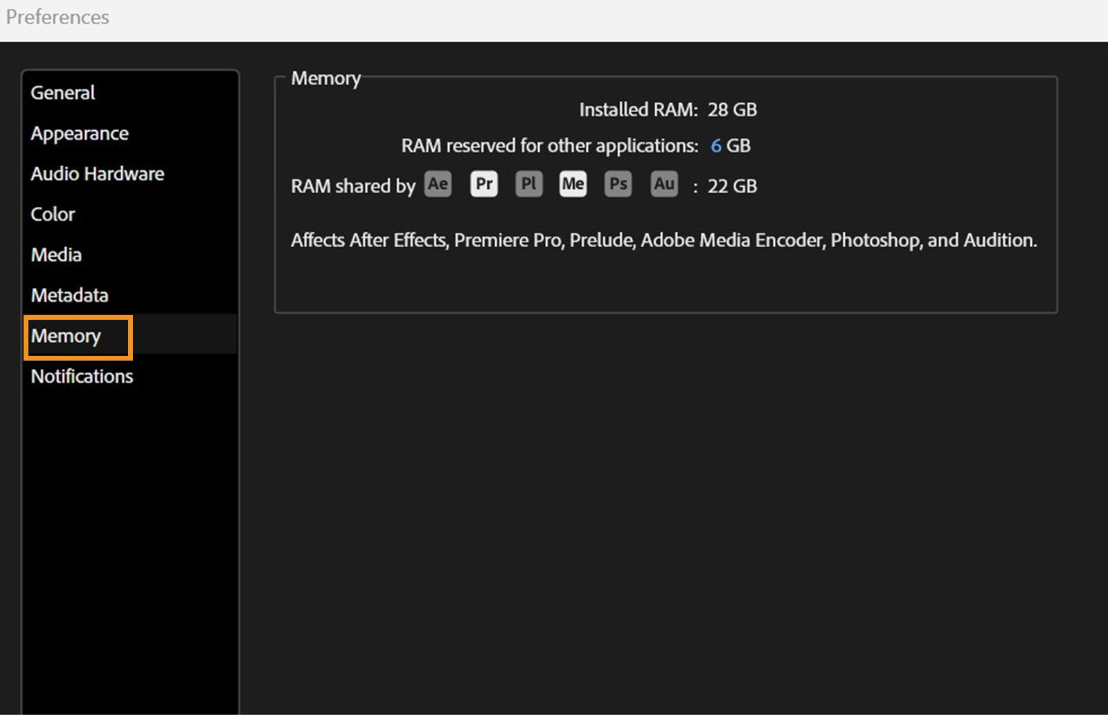 The Preferences dialog box is displayed, Memory panel is open and showing how Adobe applications like After Effects, Premiere Pro, and Photoshop share available RAM, with adjustable reserved memory for other system processes